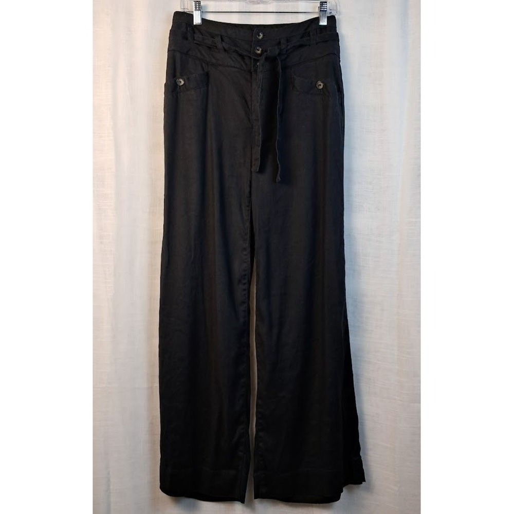 By Anthropologie 0 Black Linen Blend Wide Leg High Waist Tie Belt Pants Slouchy